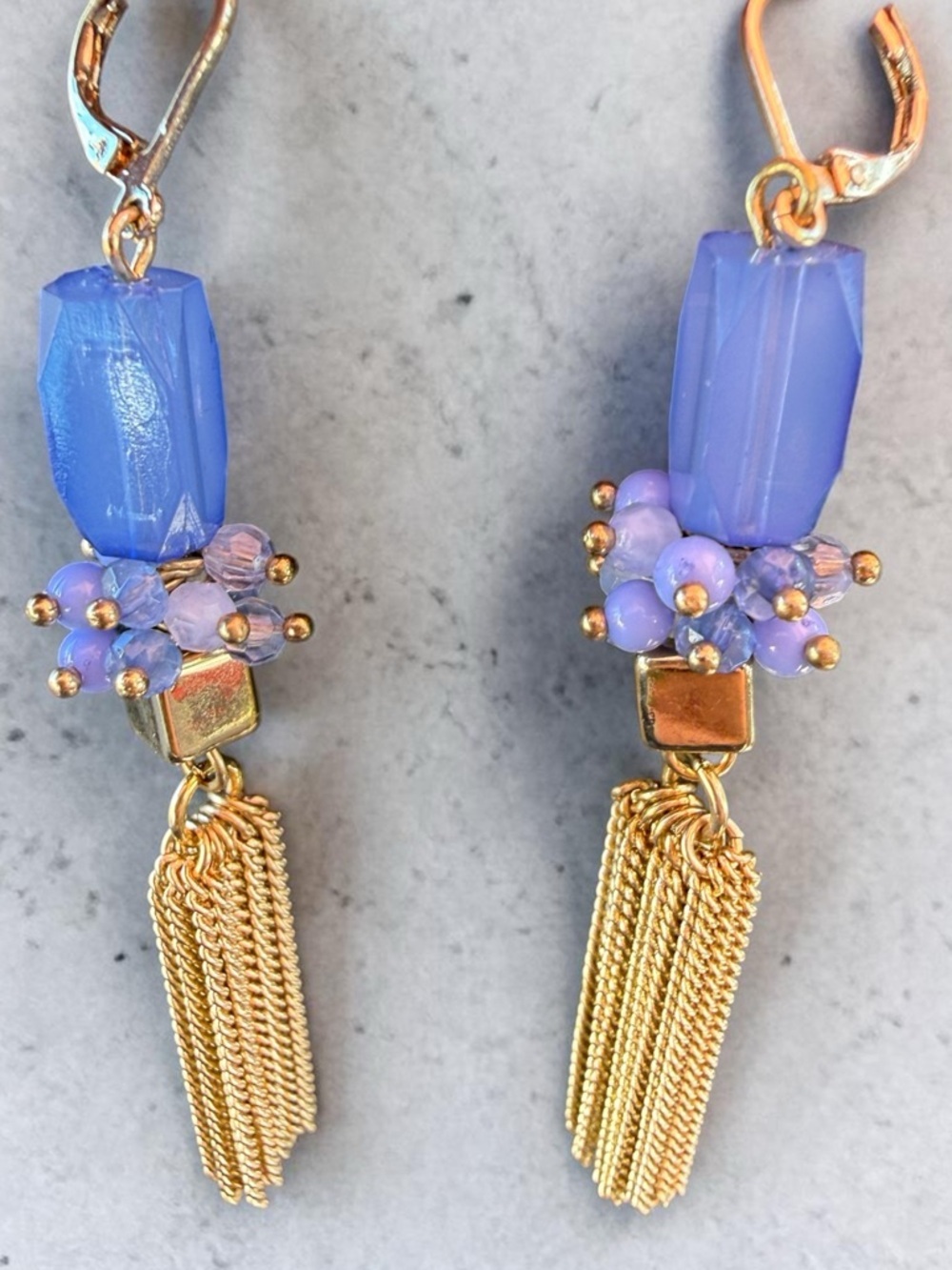 Pre Loved Chico’s Lavender Beaded Tassel Statement Earrings Gold Tone